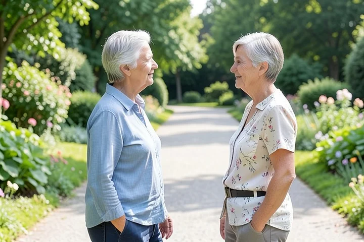 Two middle-aged adults take a slow daytime walk on a quiet public garden path, keeping a comfortable distance while having a calm